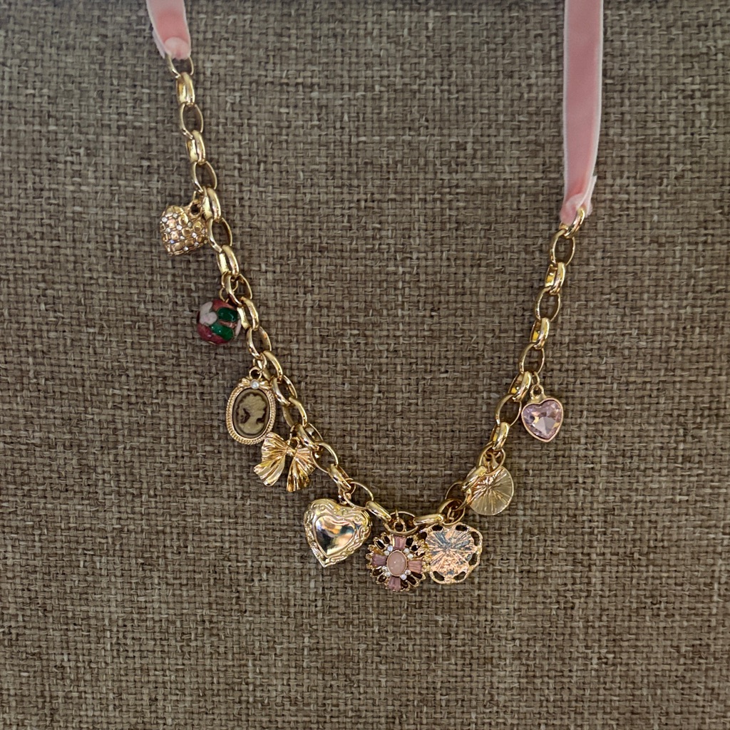 Francescas Velvet Multi Charm Pink Velvet Necklace 18$